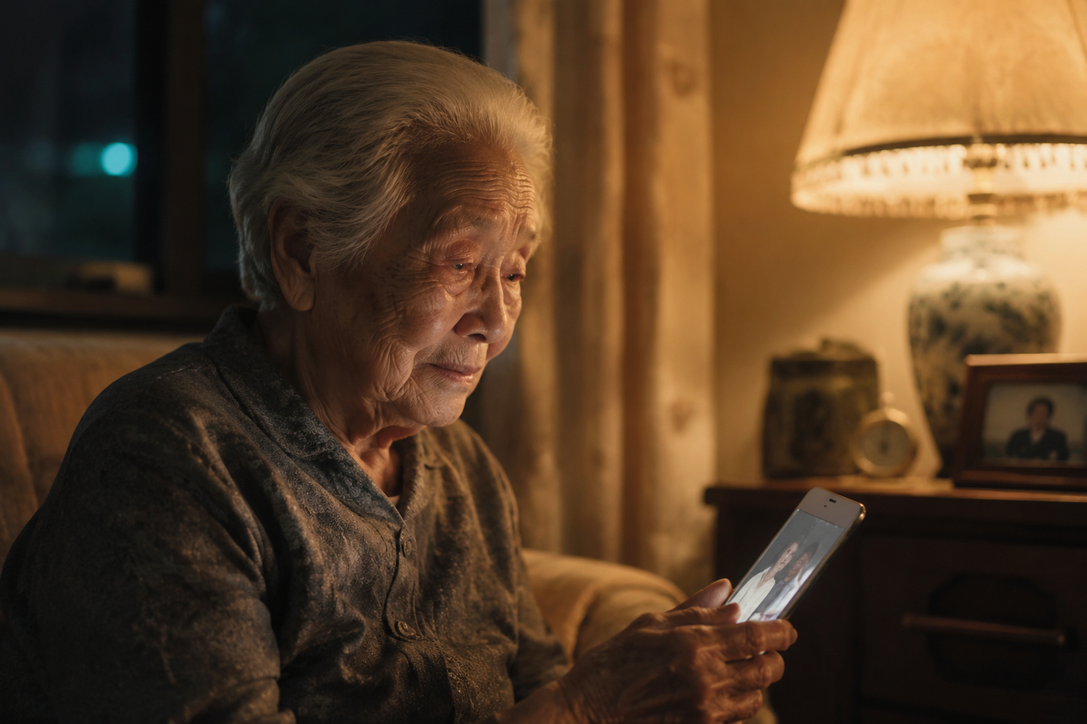 An elderly person awake in soft lamplight at night gazing at a phone photo, a tender quietly sorrowful moment