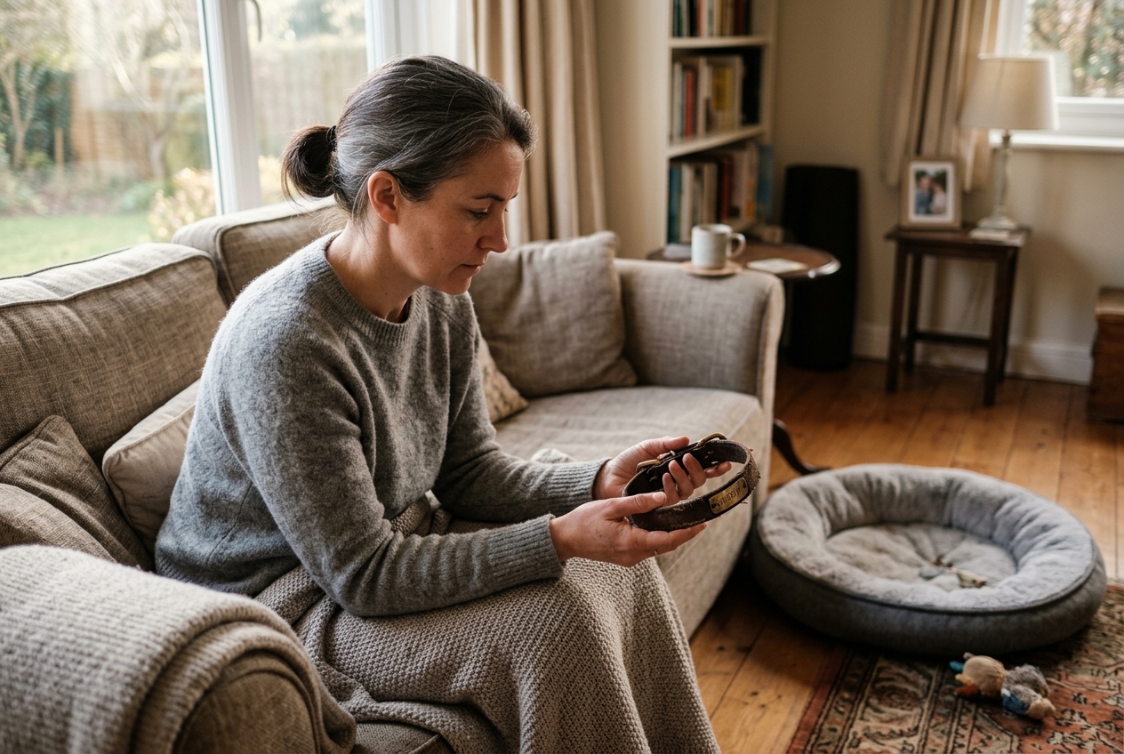 Person sitting on a couch holding a dog collar with an empty dog bed on the floor in soft morning light