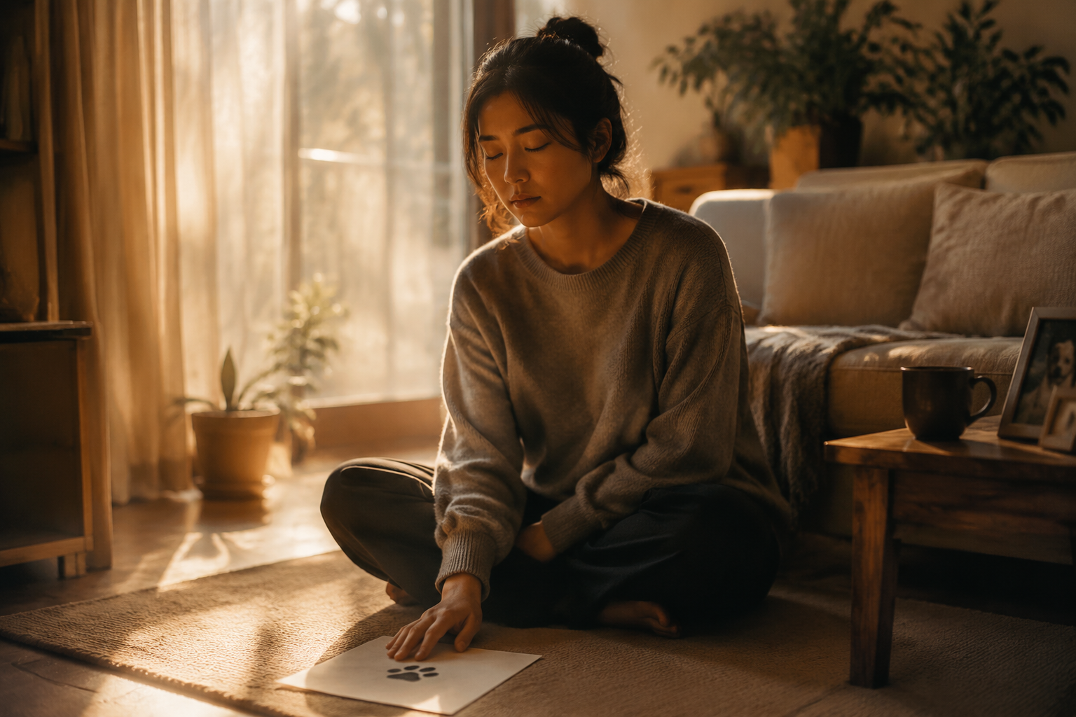 Person sitting peacefully on a living room floor with hand resting on an ink paw print in warm afternoon light