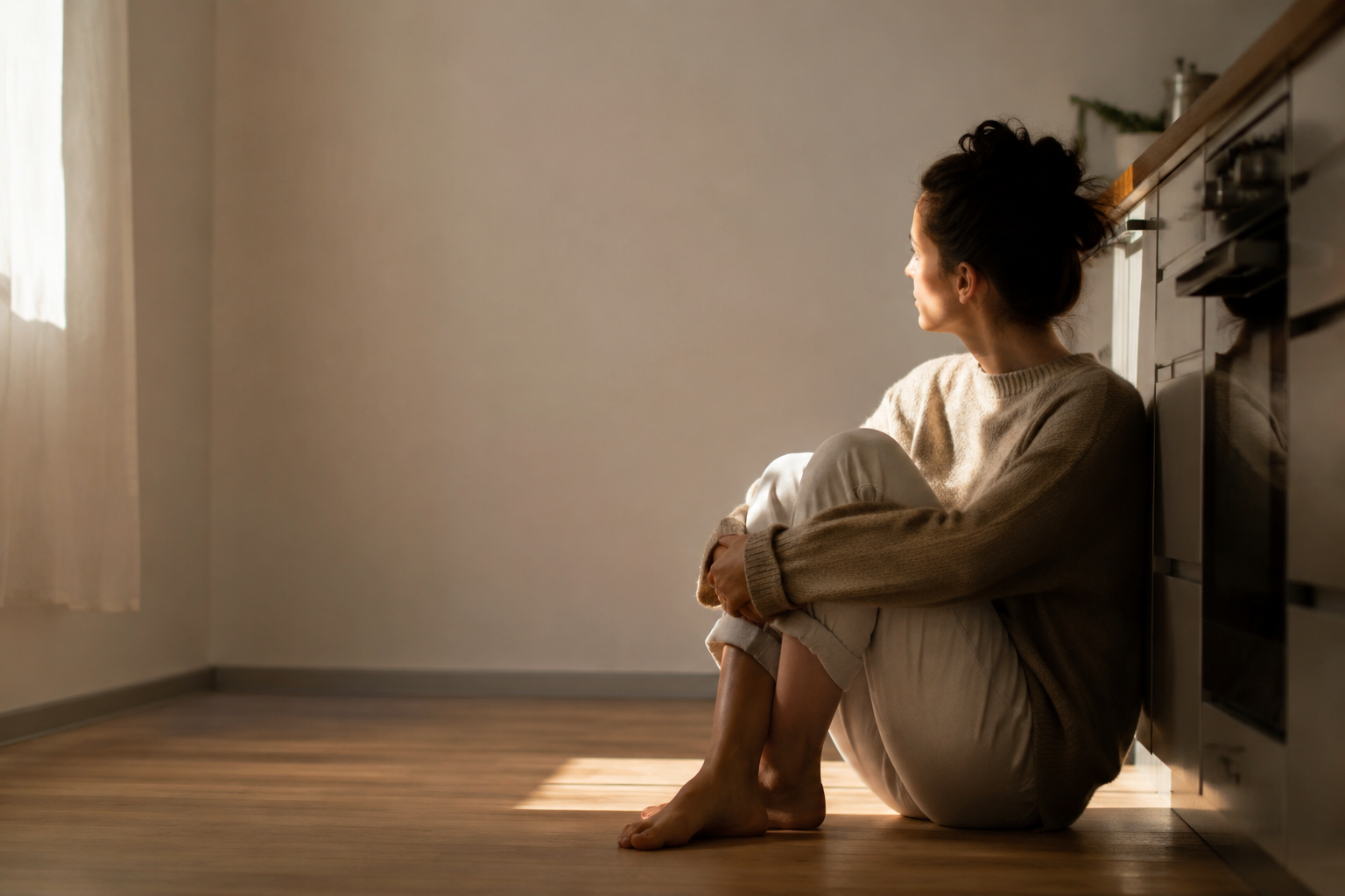Person sitting alone on a kitchen floor in soft morning light looking thoughtfully toward an empty corner