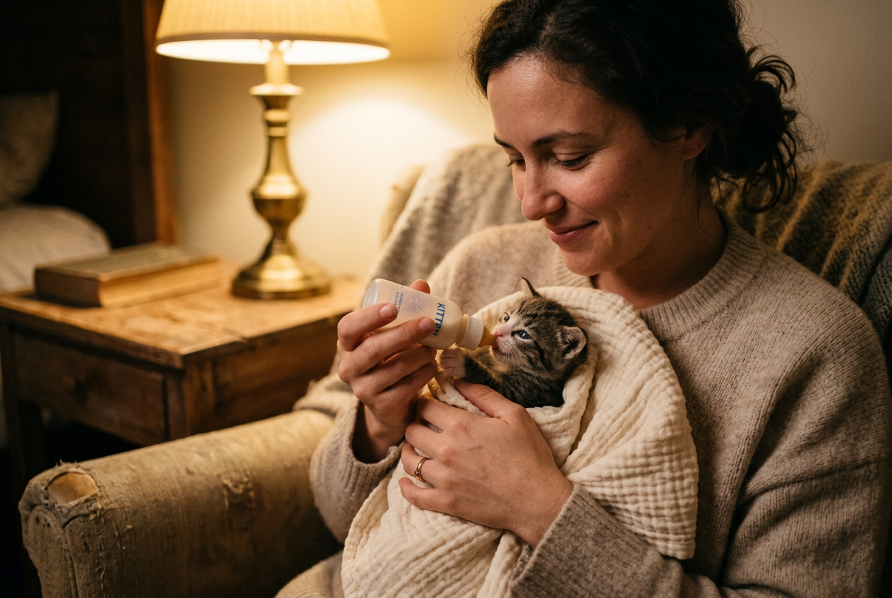 Person bottle-feeding a tiny rescue kitten wrapped in soft cloth under warm lamplight