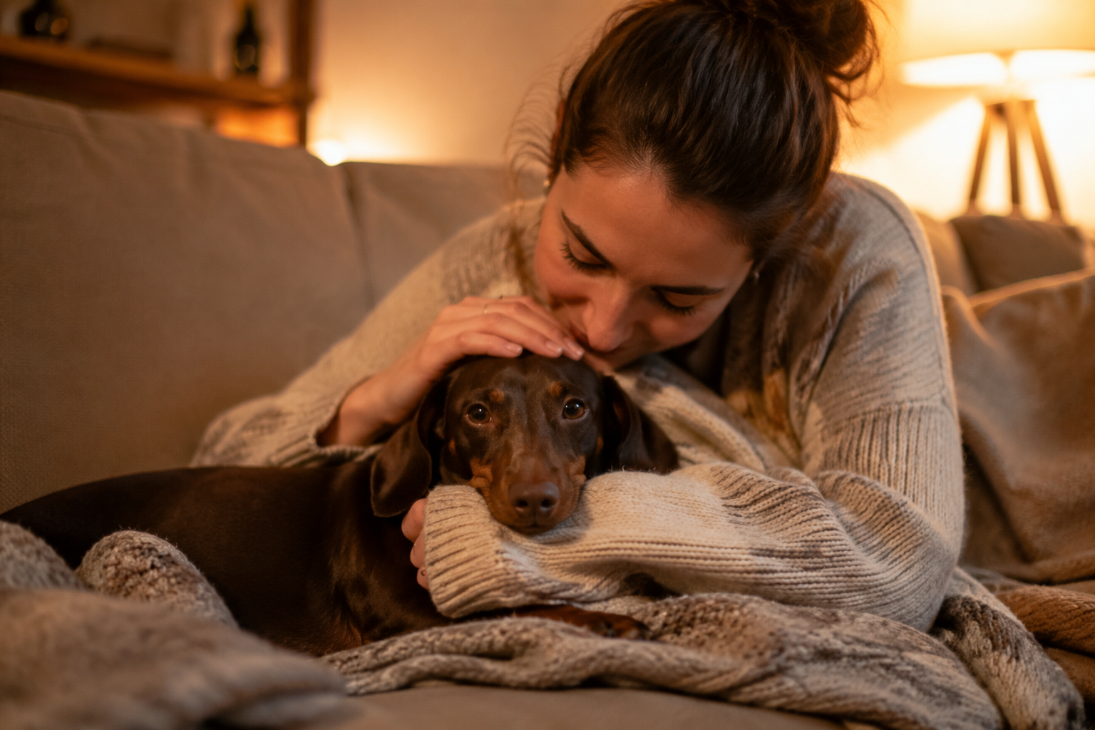 A person gently comforting a calm Dachshund on a couch in soft lamplight, a reassuring safe indoor moment