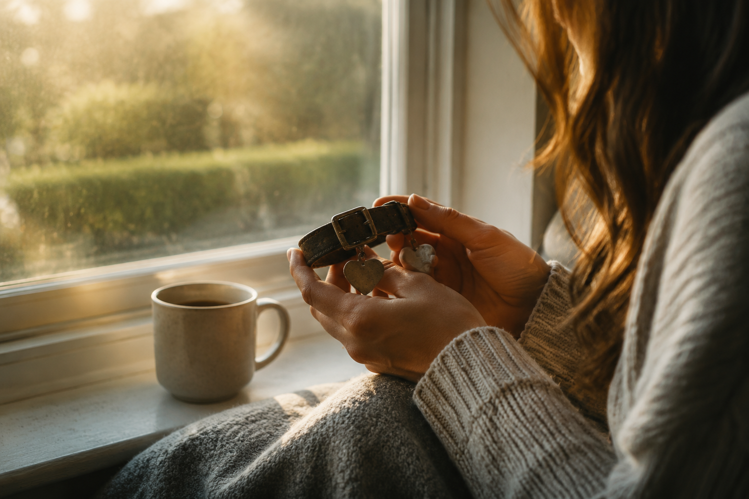 Woman's hands holding a small worn dog collar with heart tag by a window in early morning light with untouched coffee nearby