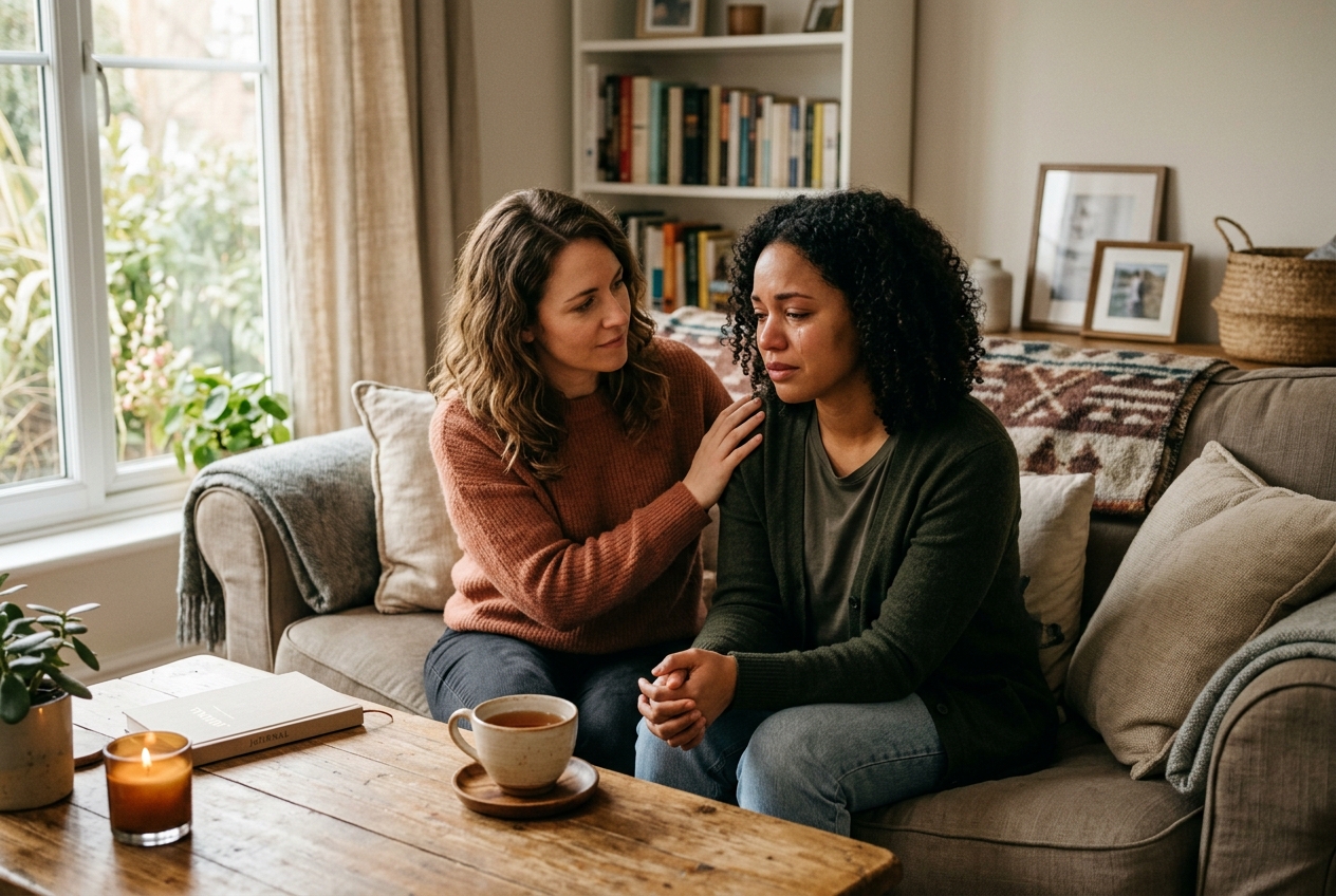 Two friends sitting on a couch with one comforting the other and a cup of tea on the coffee table