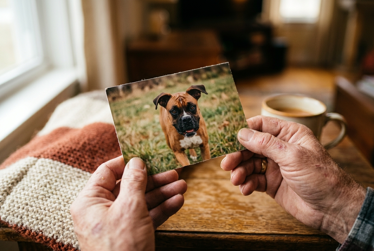 Close-up of hands holding a photograph of a Boxer dog in soft natural light examining the details with care
