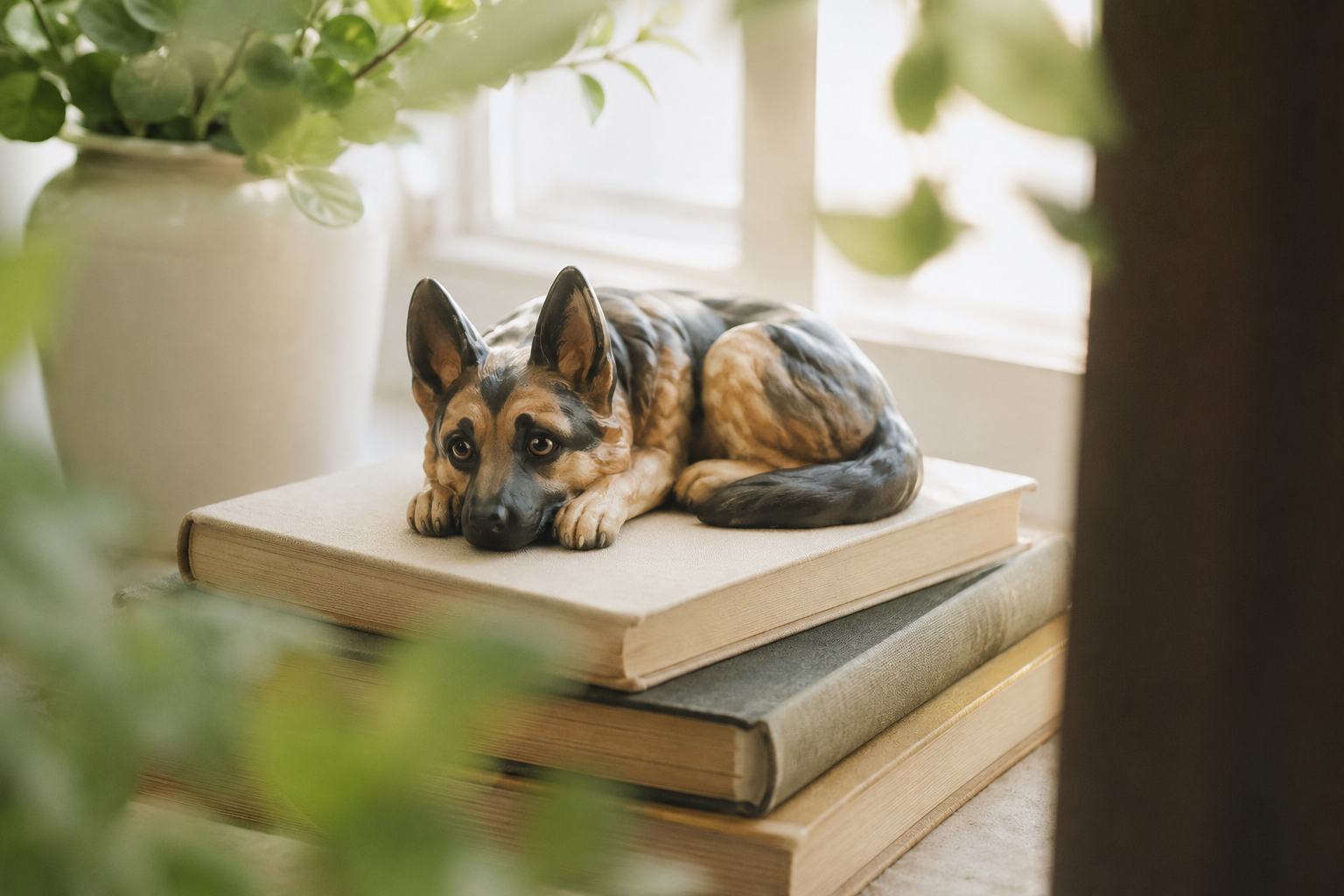 German Shepherd figurine lying with head resting on its paws — in-article view