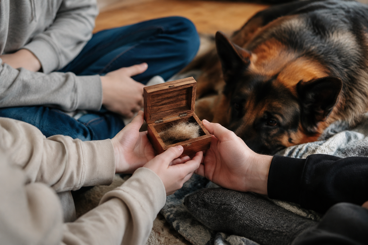 A family with teens gathered around a keepsake box holding their German Shepherd's fur clipping