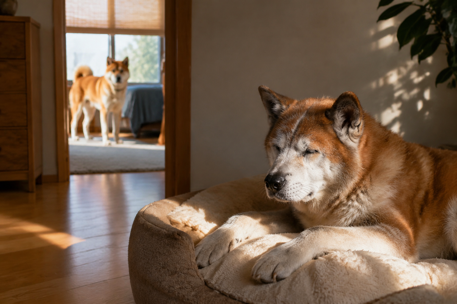 Older Akita with graying face resting contentedly on soft bed in sunlit corner with younger dog visible in another room