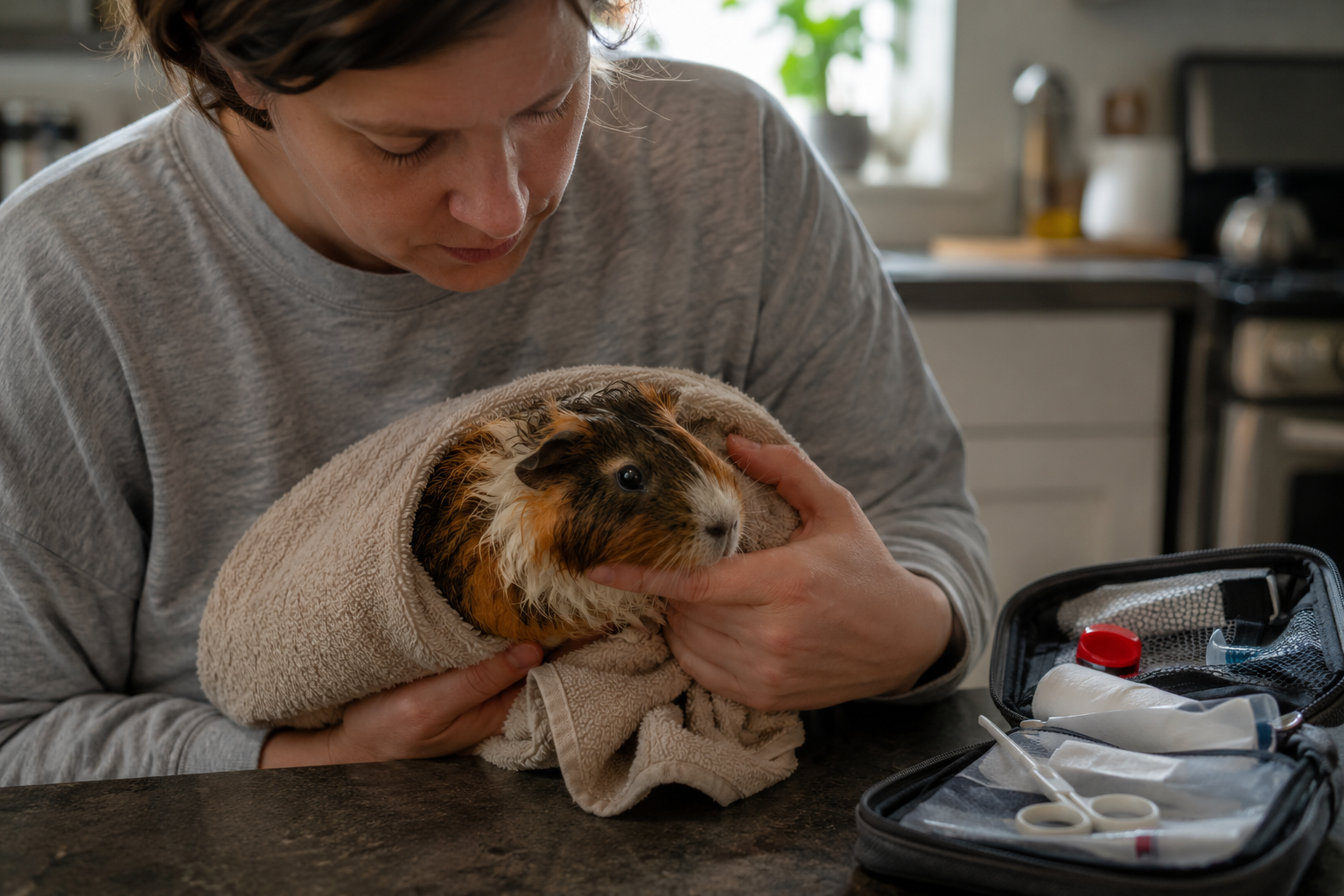 Hands gently holding an older guinea pig in a soft towel while checking its condition near an open pet first aid kit