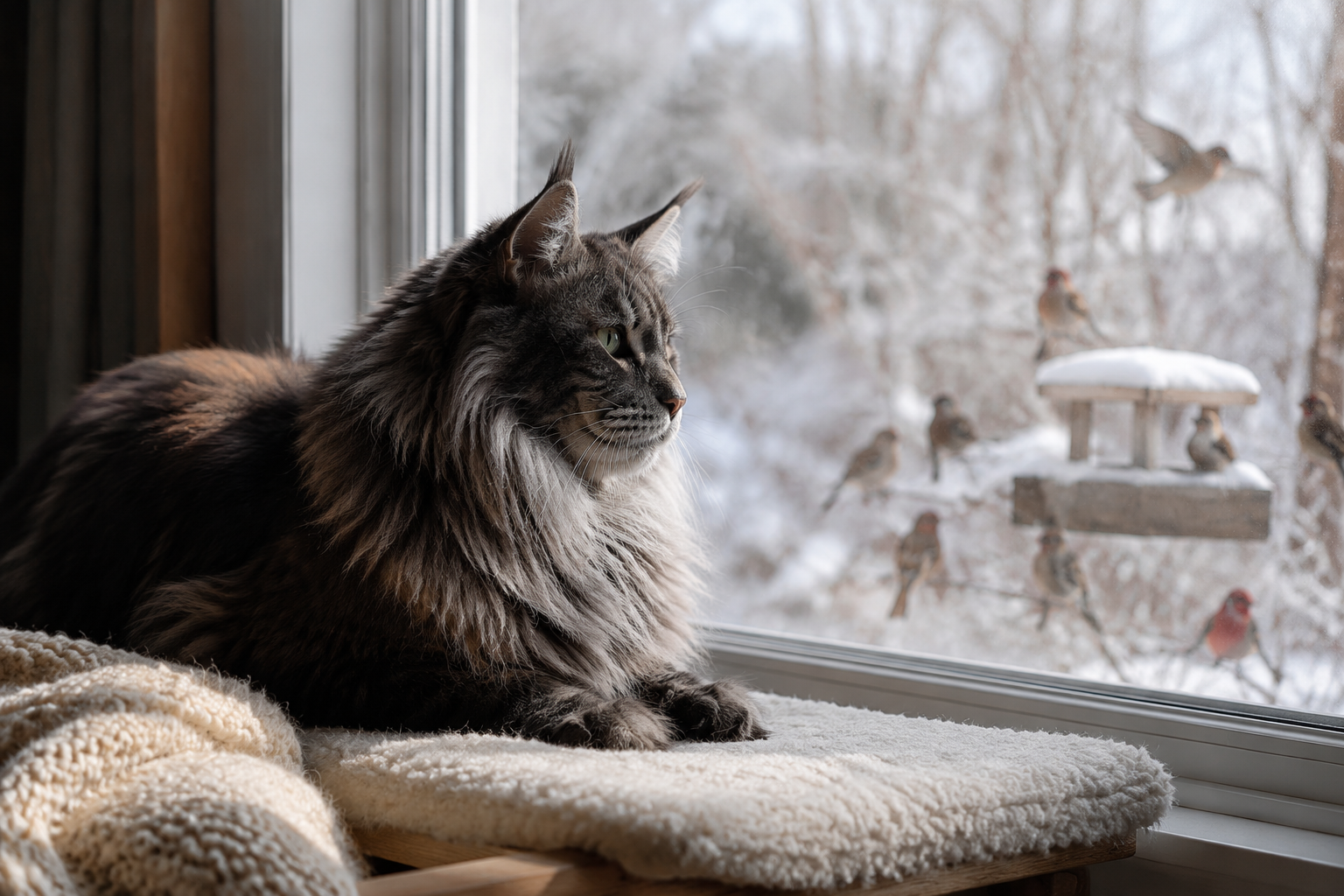 Elderly Maine Coon cat with graying muzzle watching birds from a heated window perch in soft winter light