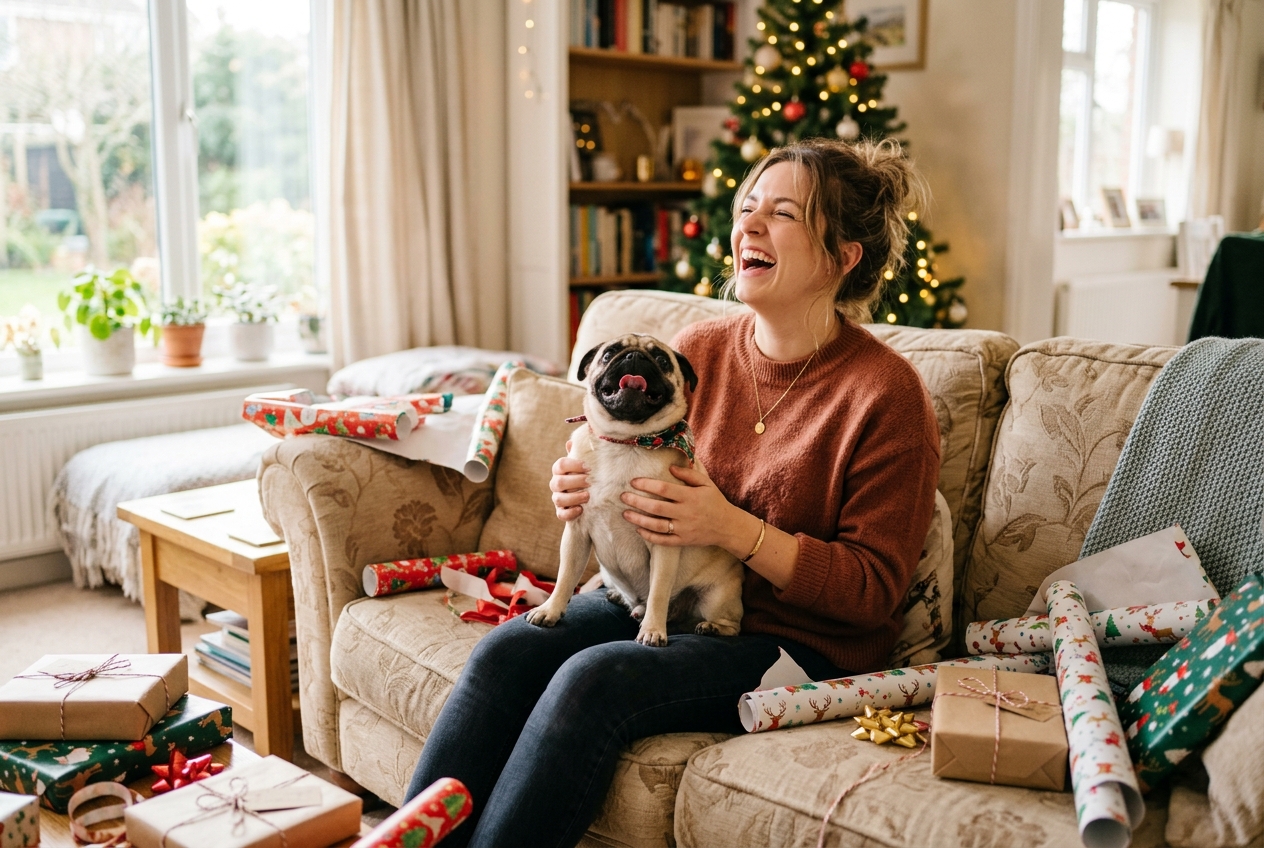 Person laughing with a Pug on their lap on a sofa surrounded by scattered gift wrapping paper