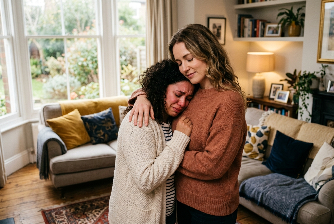 Two friends sharing a warm comforting hug in a cozy living room with soft afternoon light