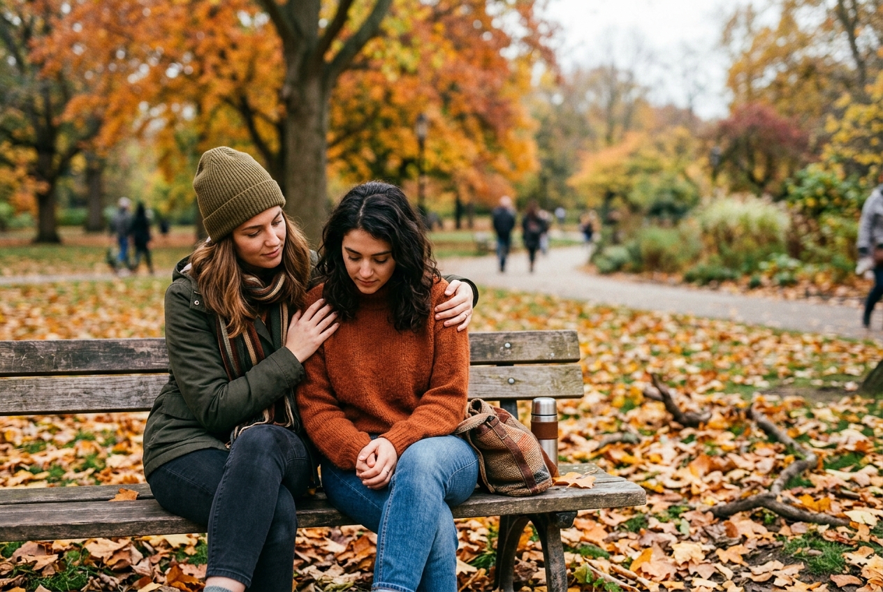 Two friends on a park bench with one comforting the other in soft overcast light with autumn leaves on the ground