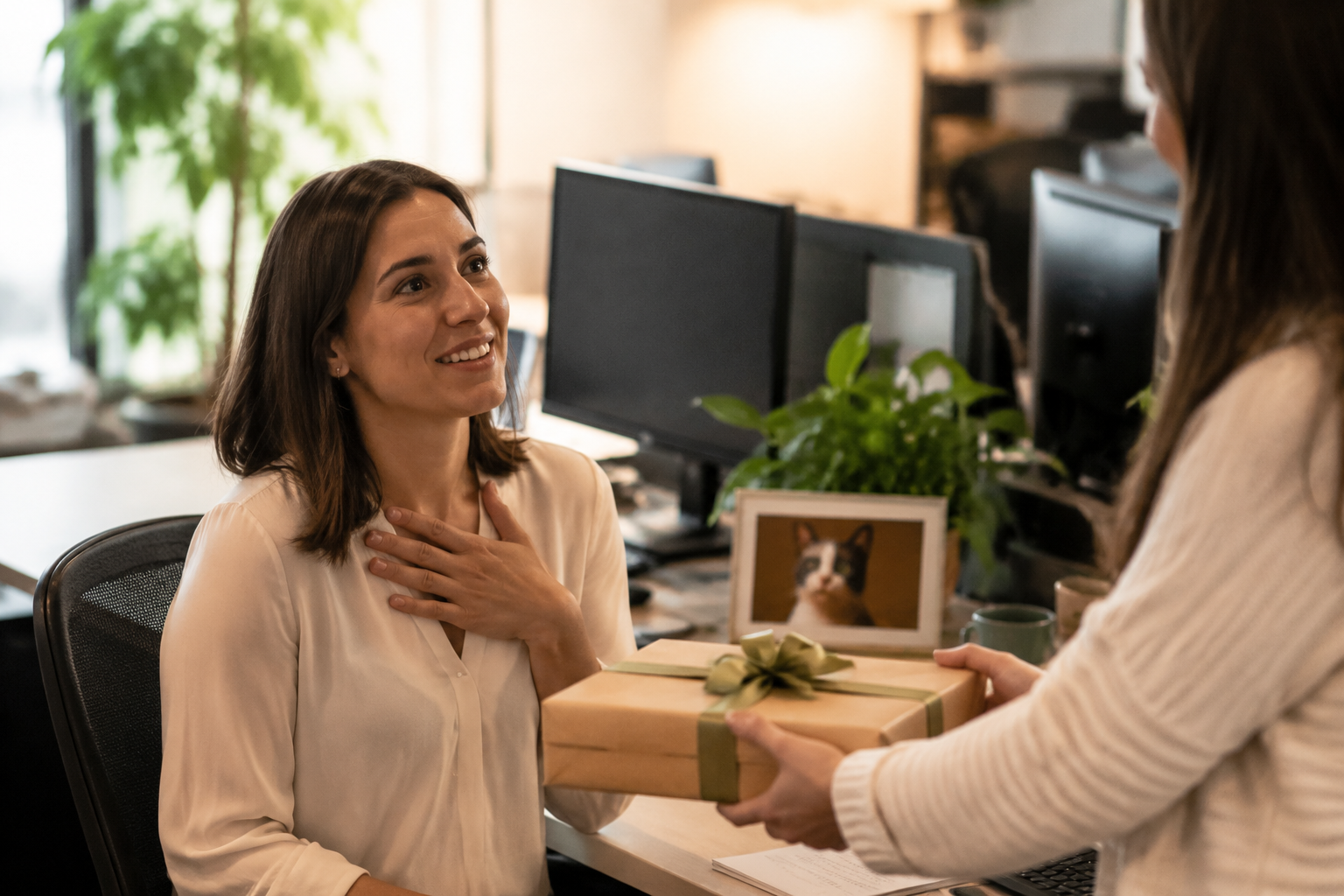 Coworker receiving a wrapped gift at their desk with a small framed cat photo visible in warm office lighting