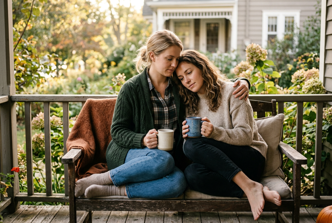 Two friends on porch in comforting embrace holding warm mugs in afternoon light
