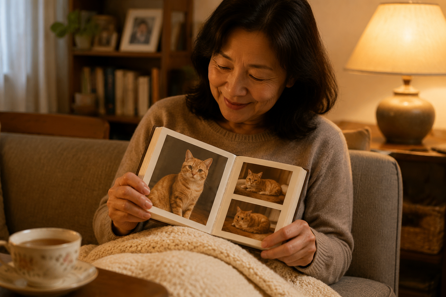 Mother on couch smiling softly while flipping through photo album of orange tabby cat with tea and cozy blanket