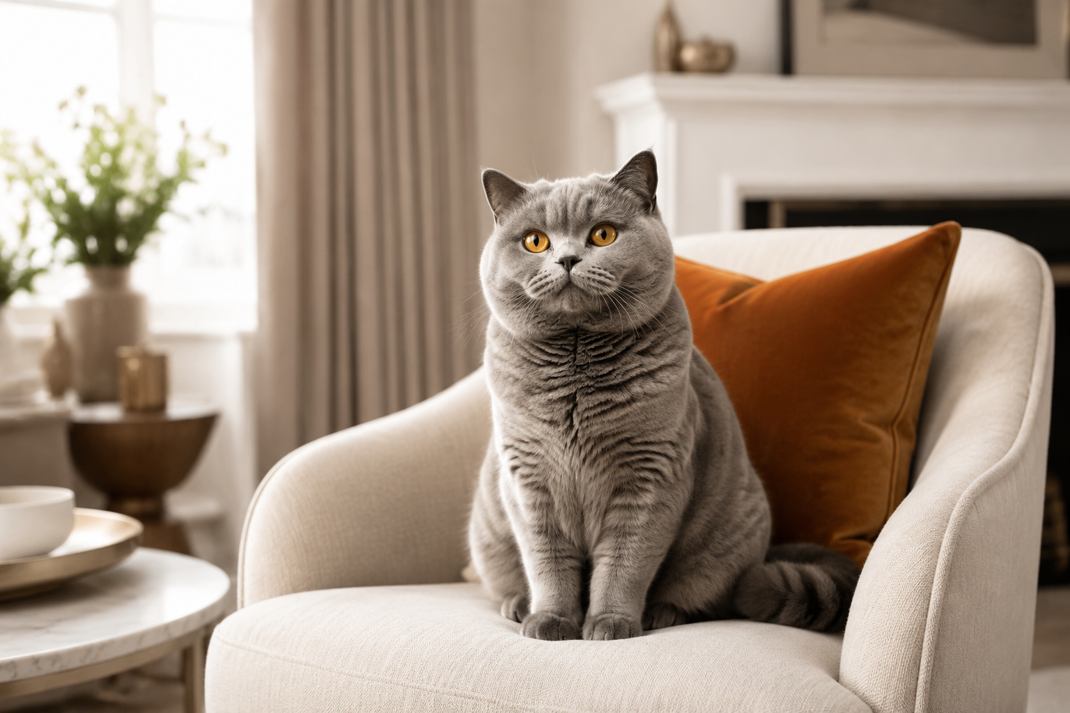 Plush British Shorthair sitting regally on a stylish armchair in a bright, well-designed living room