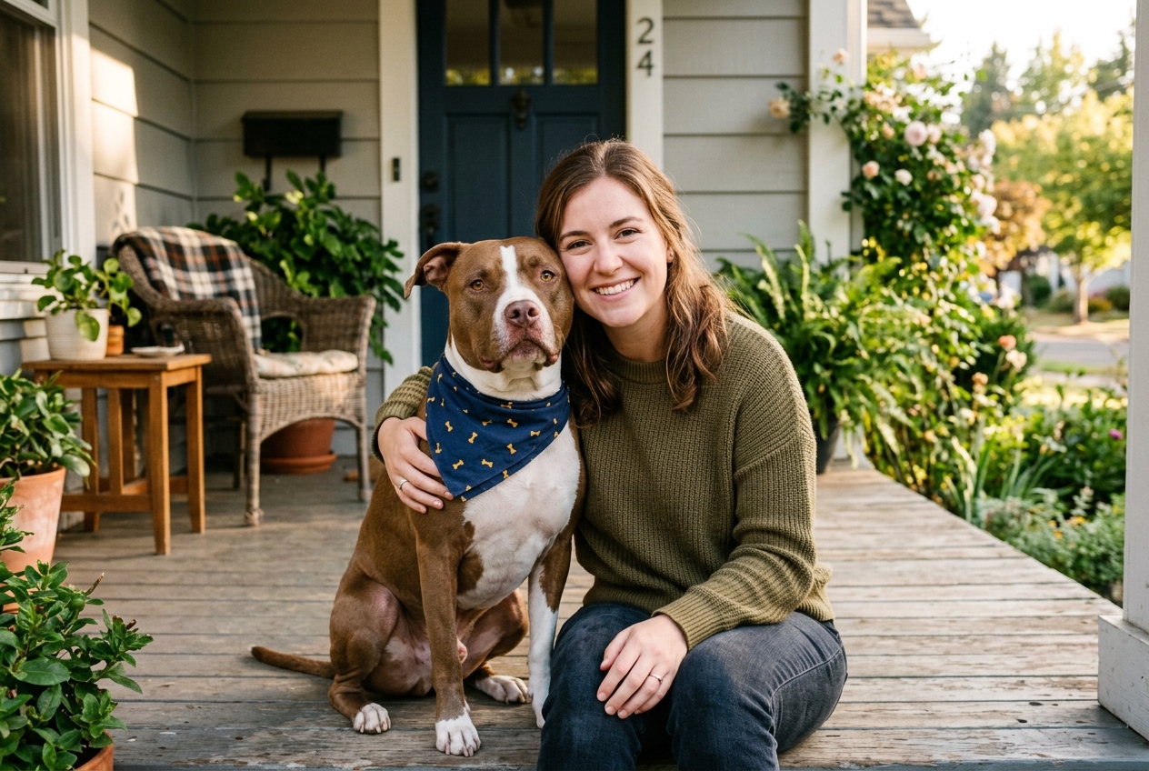 Rescue Pitbull wearing a bandana sitting proudly next to its owner on a front porch in warm afternoon light
