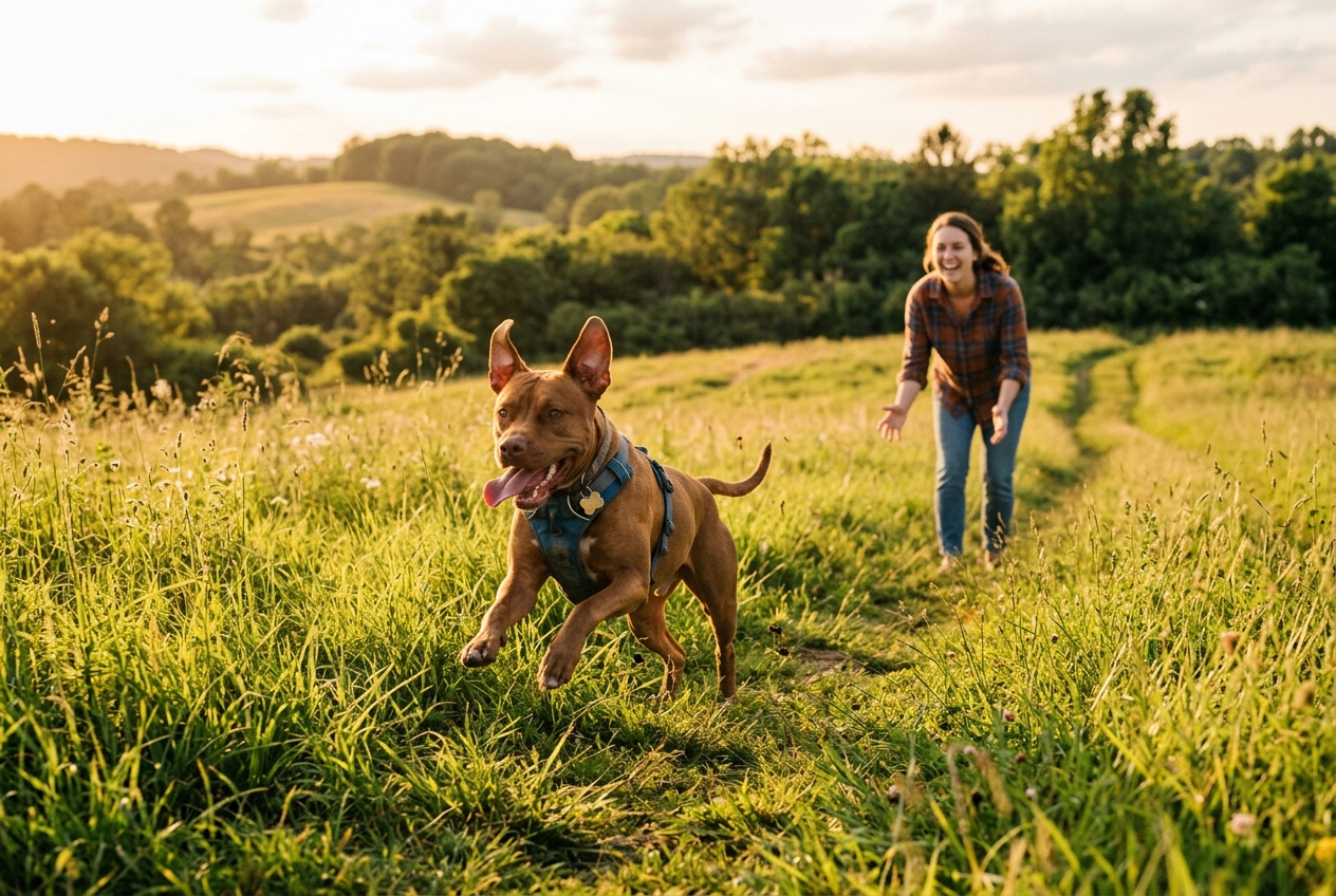Rescue Pitbull running joyfully through a grassy field toward its owner in golden afternoon light