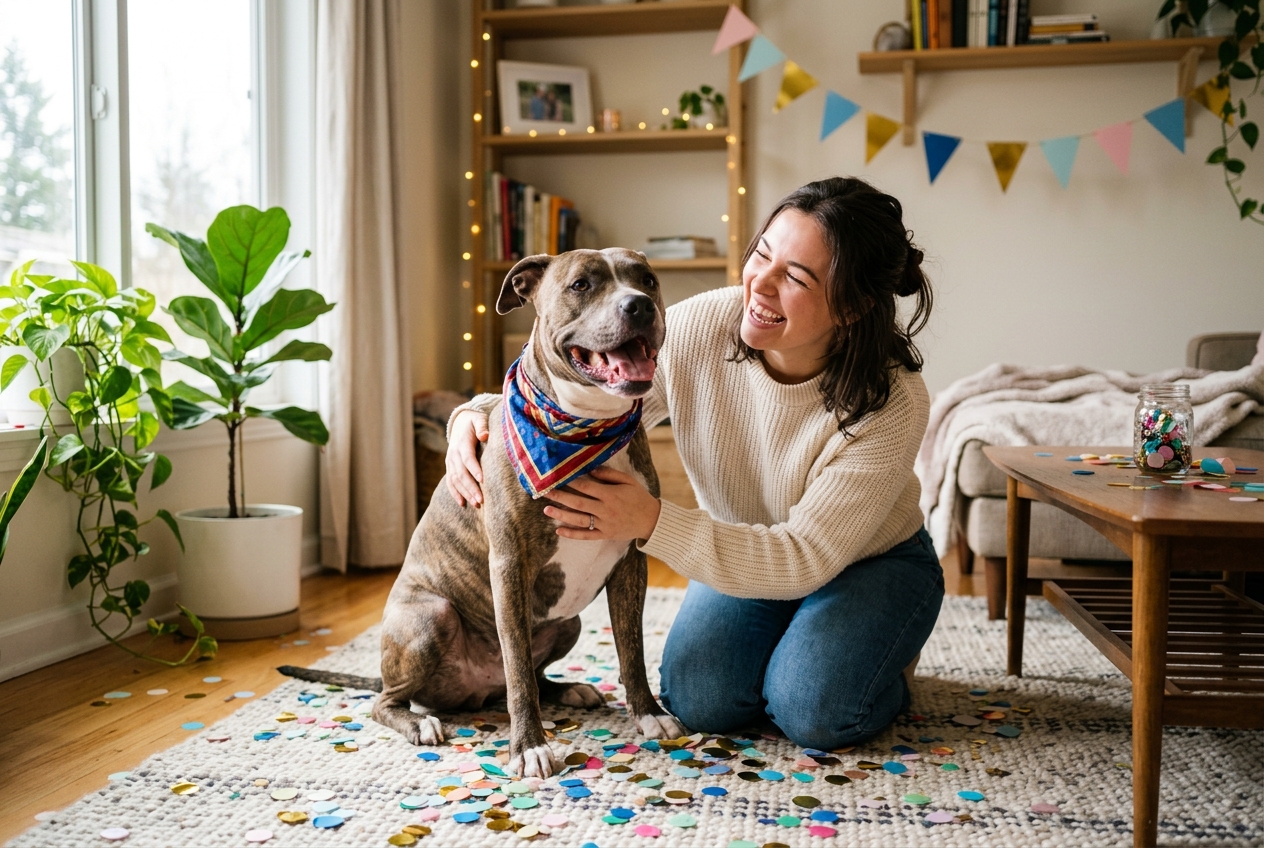 Happy Pitbull sitting on a rug with celebration decorations as a person kneels beside them grinning with confetti on the floor