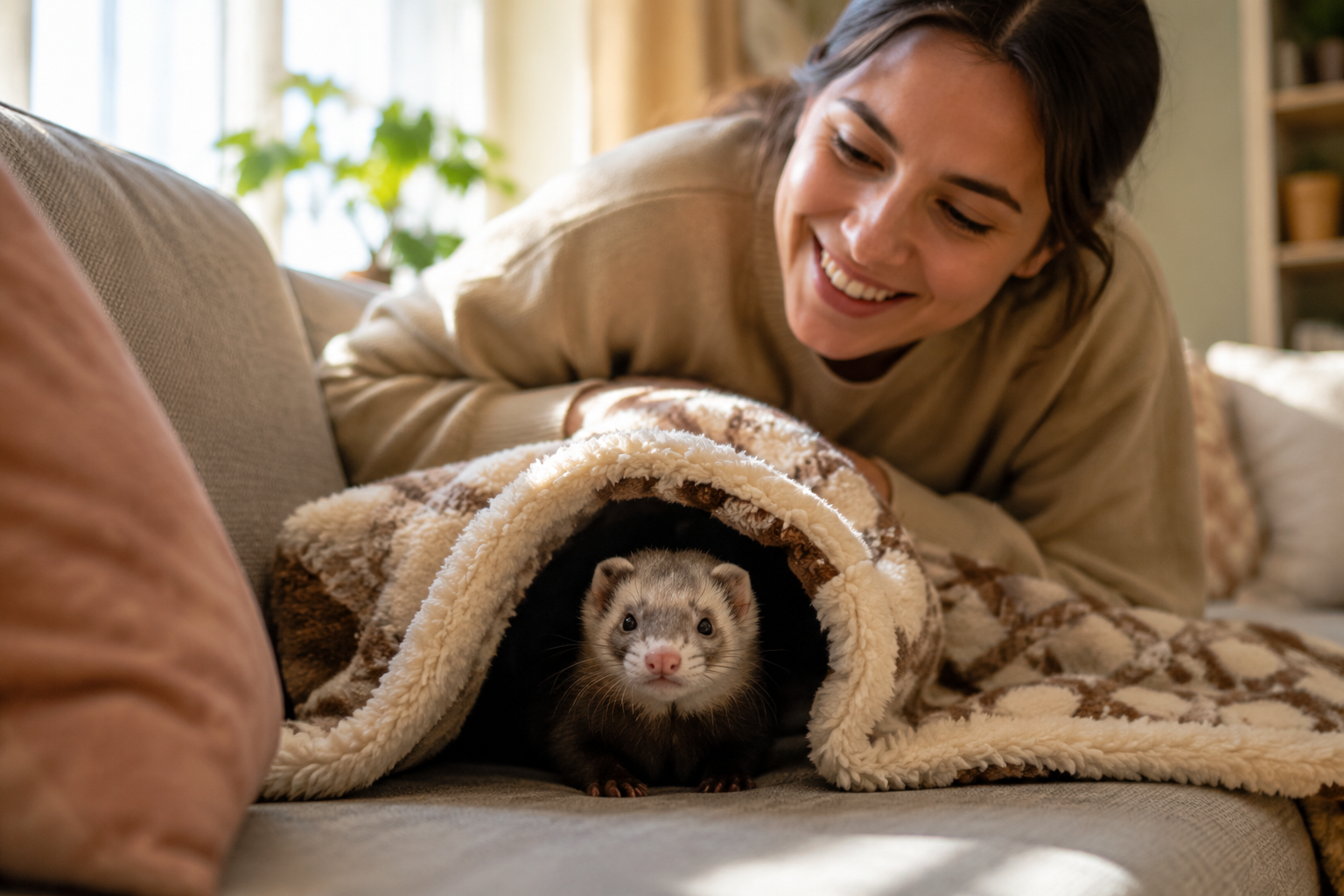 A playful ferret peeking out of a cozy blanket tunnel on a couch while its owner smiles in warm daylight