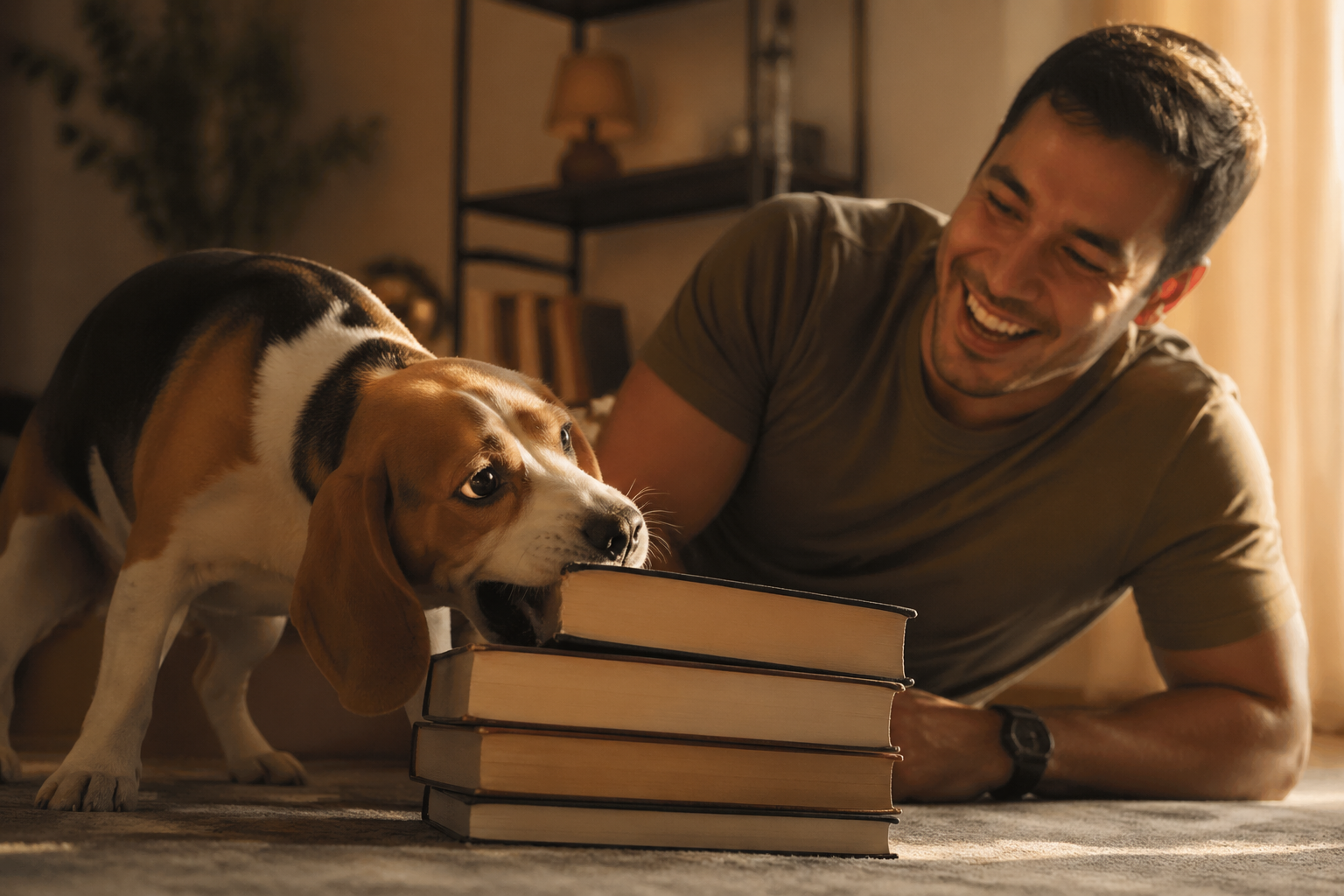 New dog dad smiling as a Beagle repeats a familiar habit beside graduation books