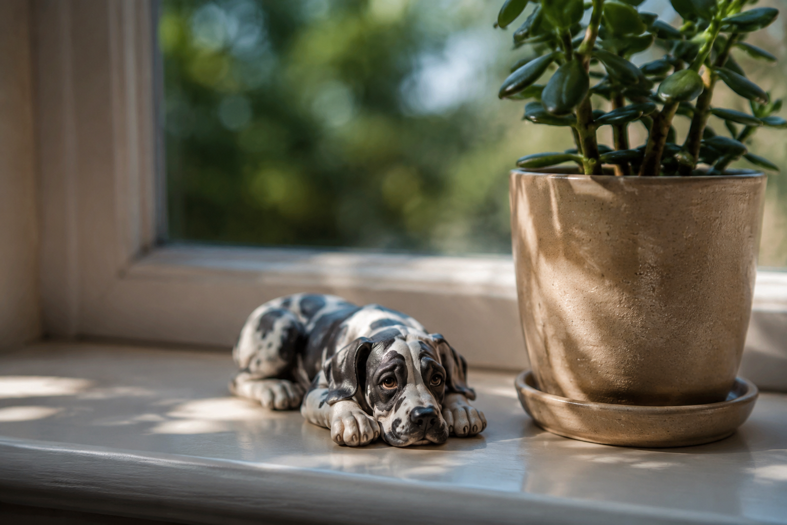 Full-color resin figurine of a Great Dane lying with head resting between extended paws — in-article view
