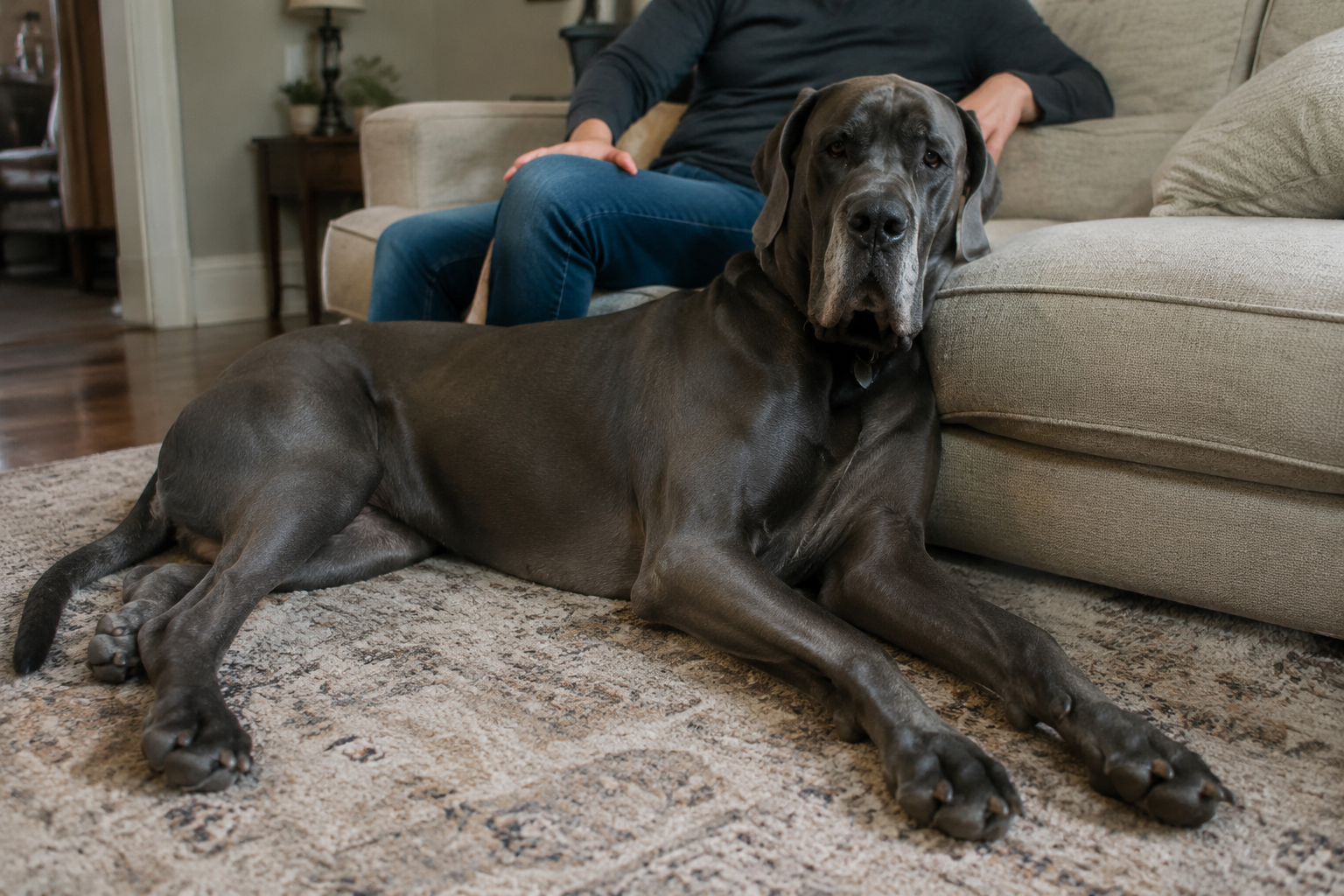 A large Great Dane lying across a living room rug beside its seated owner, dwarfing a nearby couch cushion