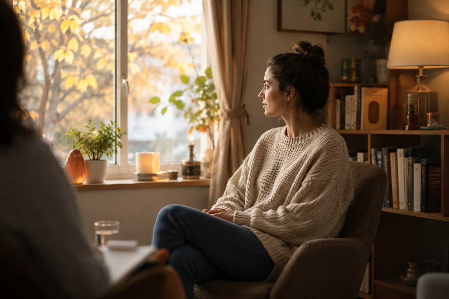 A person sitting calmly in a warm therapy office by a window with soft seasonal light coming from outside