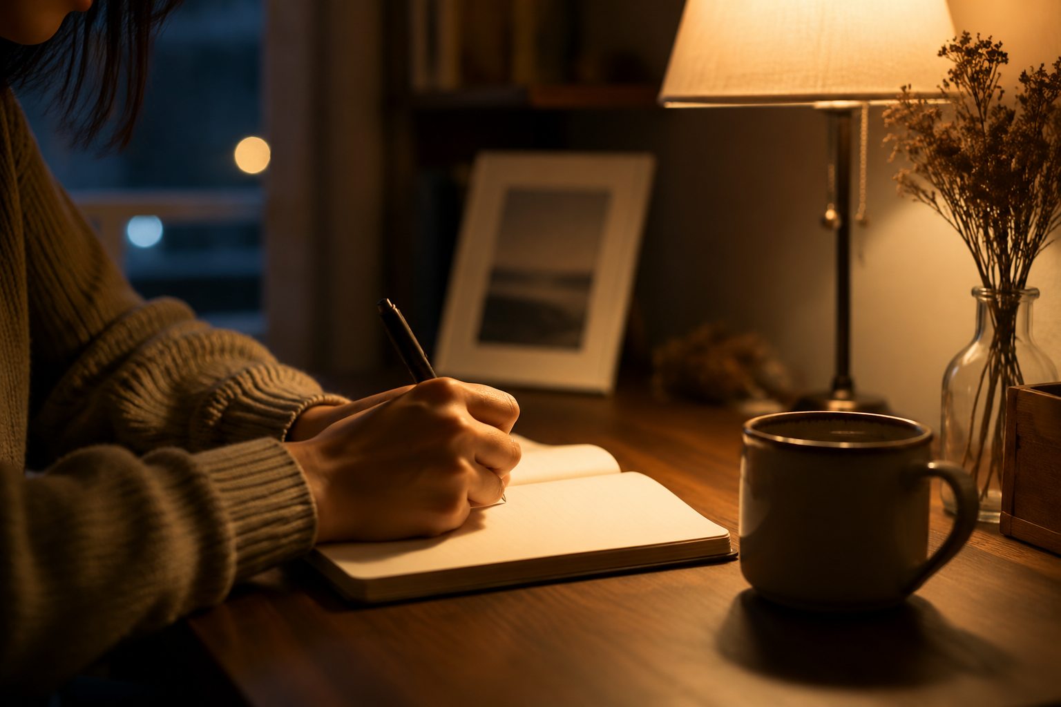 Hands writing thoughtfully in a journal at a quiet lamp-lit desk in the evening, a calm reflective moment