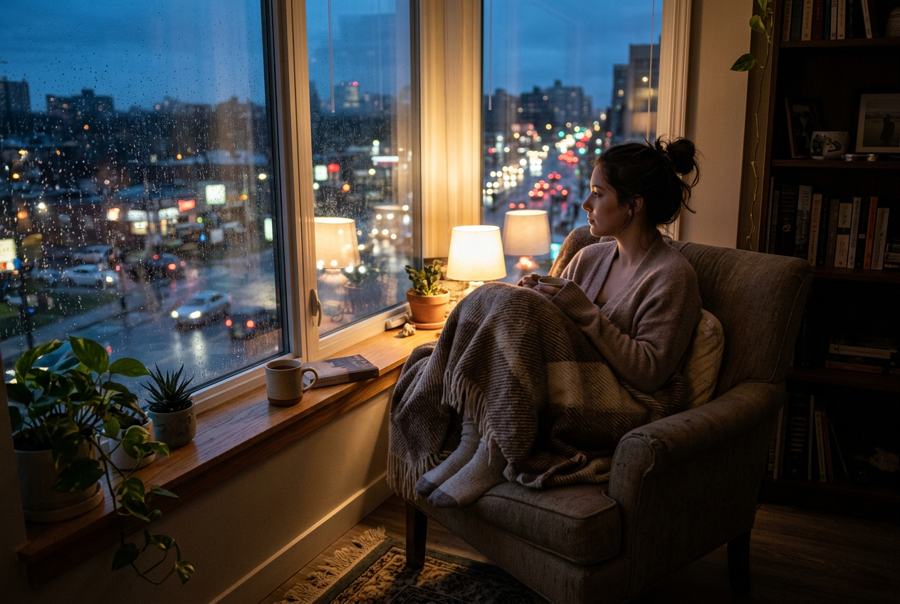 Person sitting alone wrapped in a blanket looking out at city lights, reflecting on solitary grief