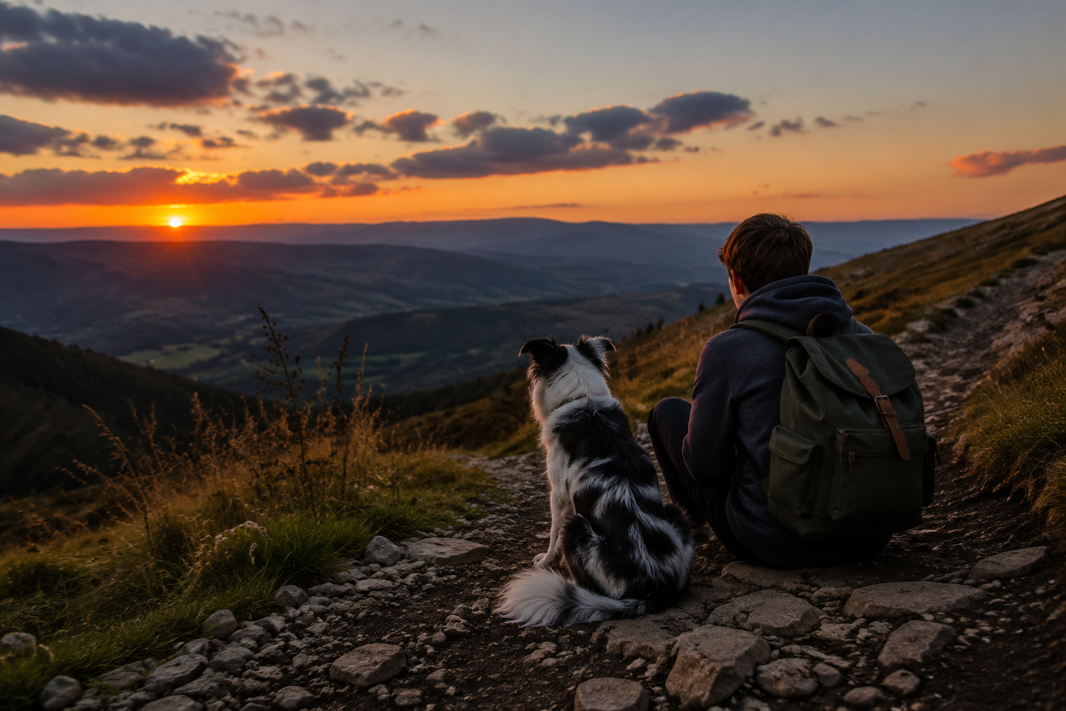 A teenager pausing on a dusk trail to gaze at the horizon while remembering a beloved Border Collie — another moment