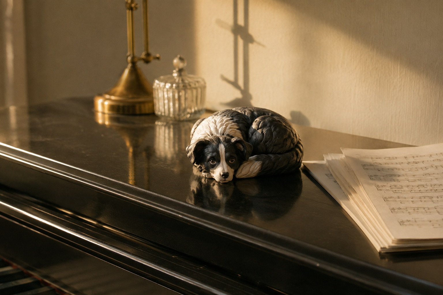 Full-color resin figurine of a Border Collie curled in a gentle resting pose — in-article view