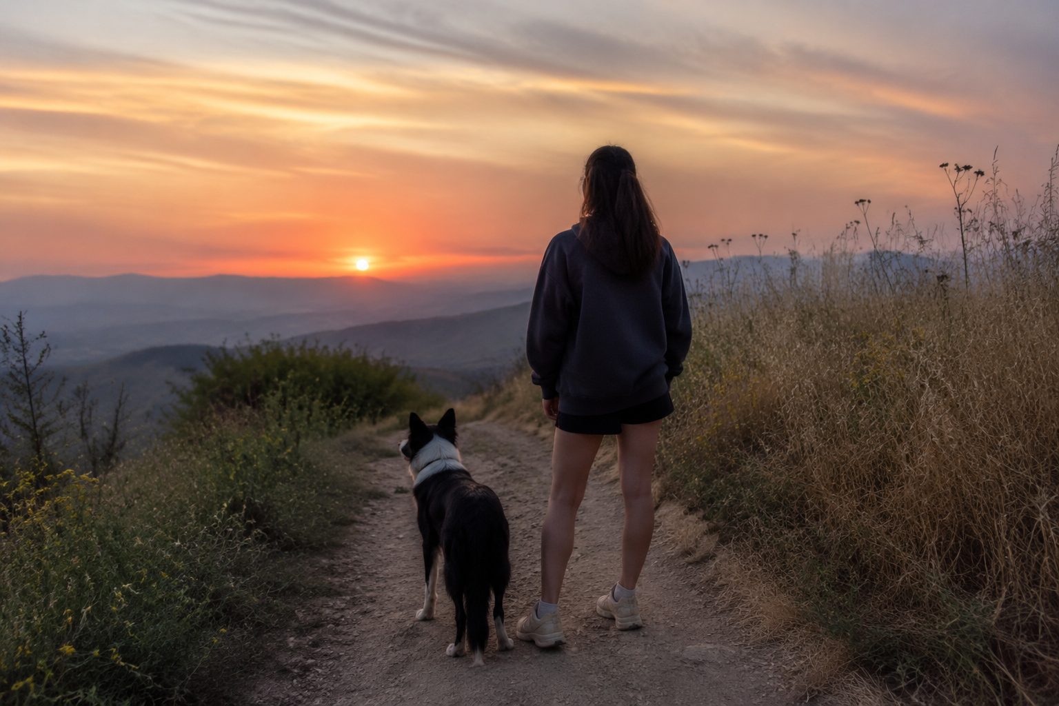 A teenager pausing on a dusk trail to gaze at the horizon while remembering a beloved Border Collie