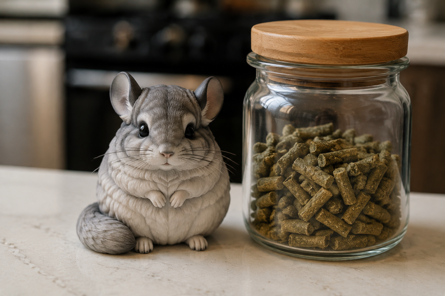 Full-color resin figurine of a Chinchilla sitting upright with paws to its chest — in-article view