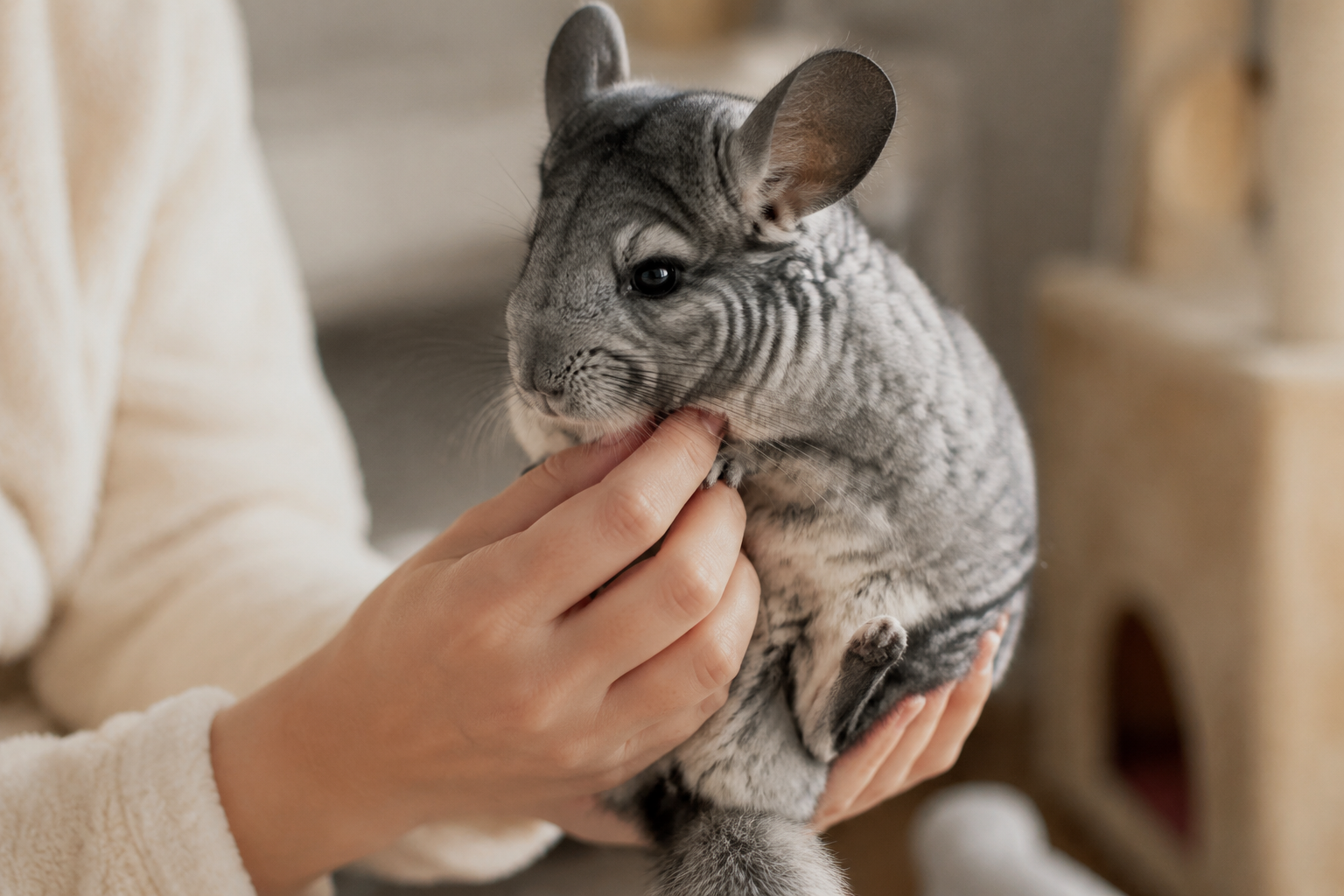 A person gently cupping a plush grey Chinchilla in their hands while checking its soft coat with care