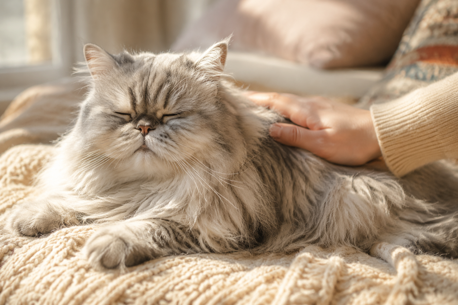 Older Persian cat resting on a knitted blanket while a hand softly strokes its long silver coat