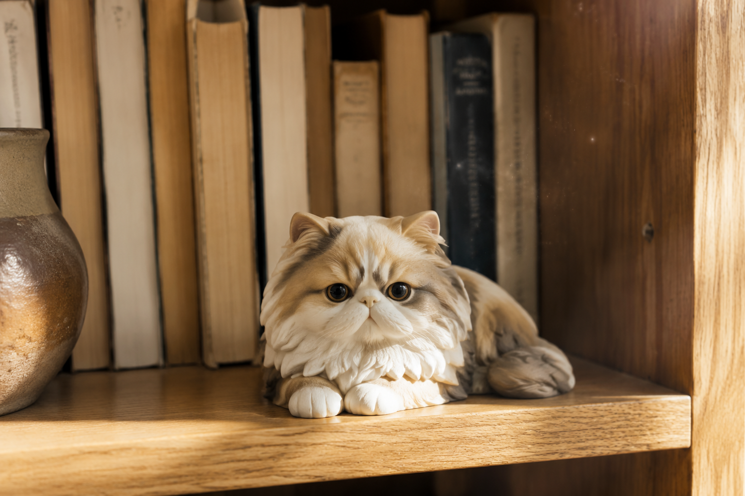 Senior Persian cat figurine lying calmly with a full coat — in-article view