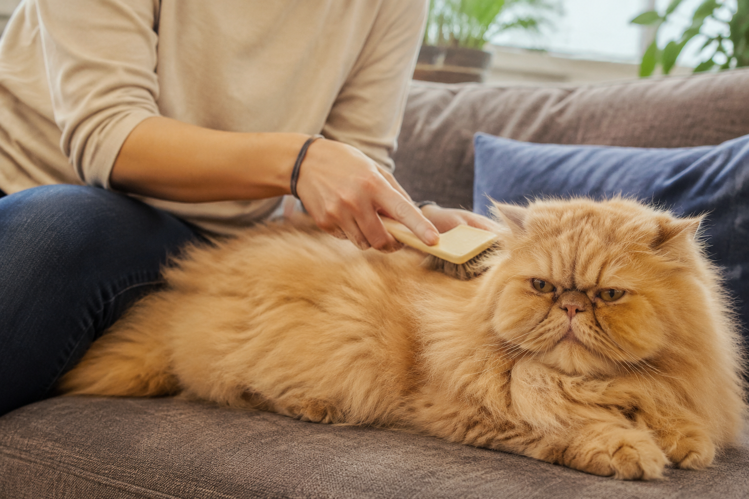 A busy owner gently brushing the flowing coat of a senior Persian cat on the couch