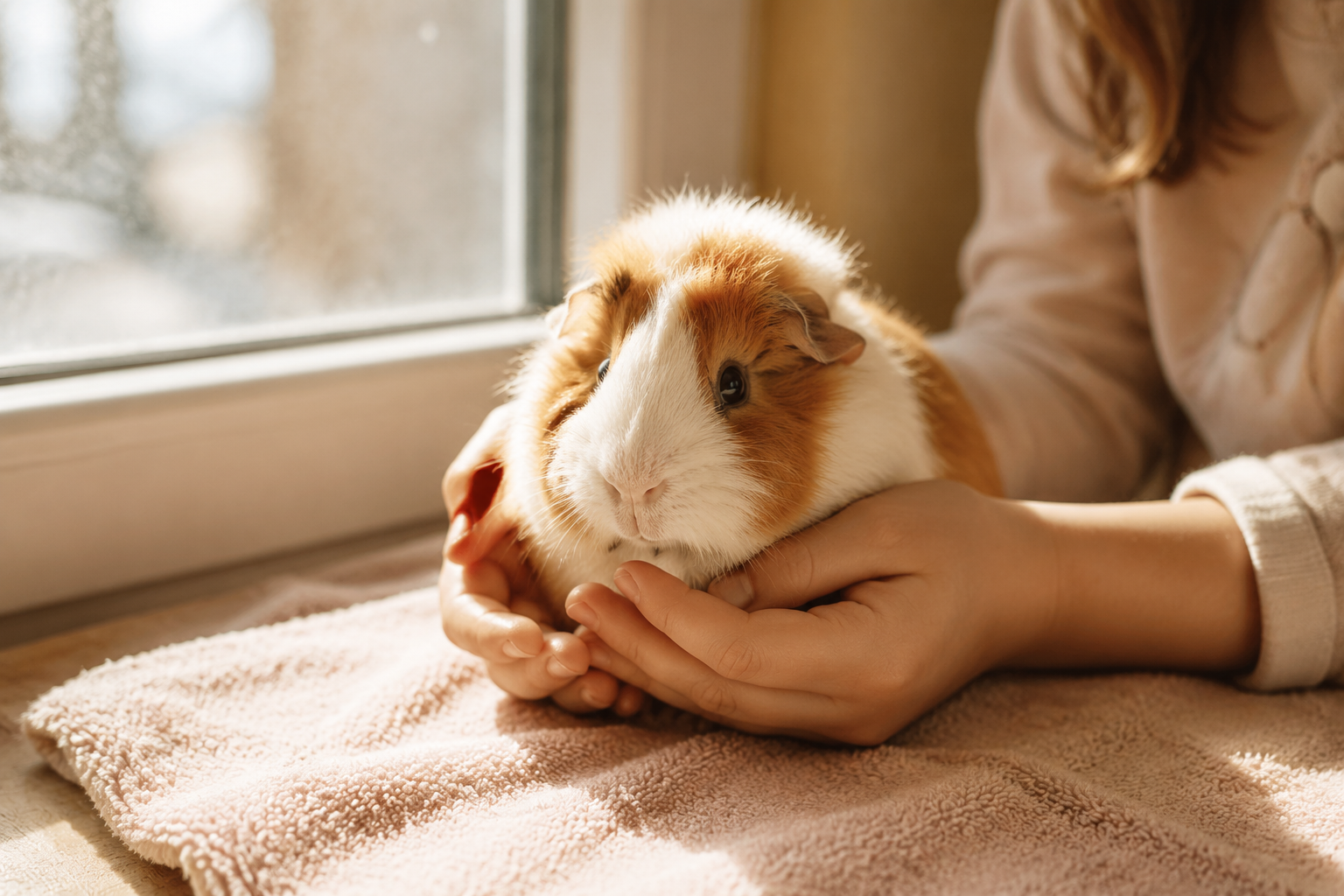 Gentle hands cradling a fluffy patterned guinea pig on a soft towel beside a sunny window