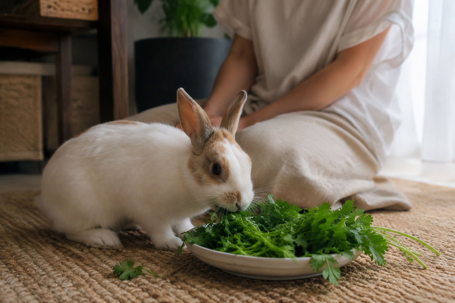 A pet rabbit nibbling fresh greens in a cozy home corner as its owner looks on