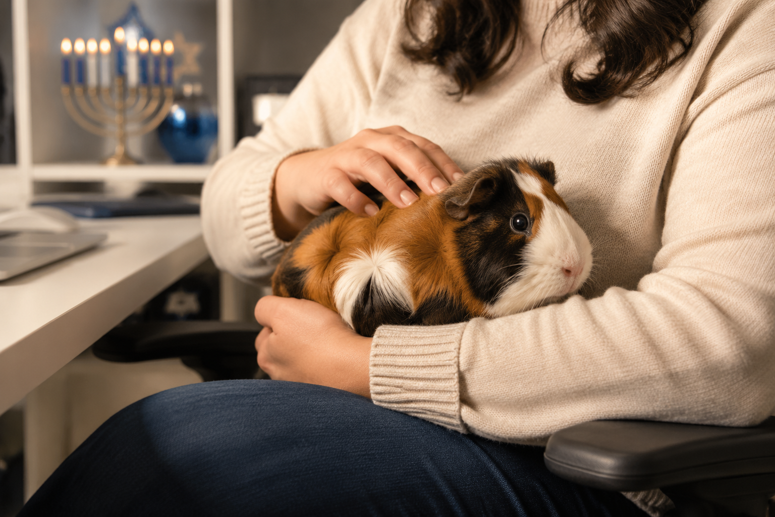 Guinea pig with rosette fur in person's lap at office desk with subtle Hanukkah decorations on shelf in background