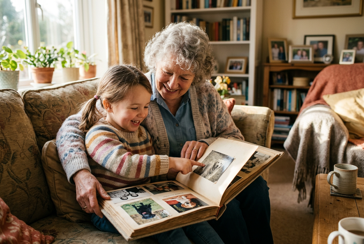 Grandmother and grandchild looking at old family dog photos in an album in warm afternoon light