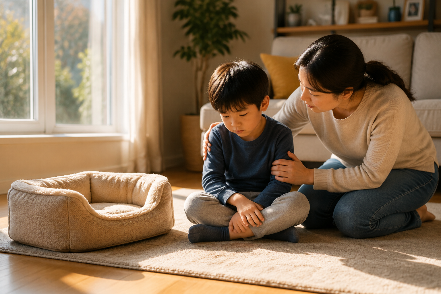 A young child sitting beside an empty pet bed in a sunlit room as a parent kneels to gently comfort them