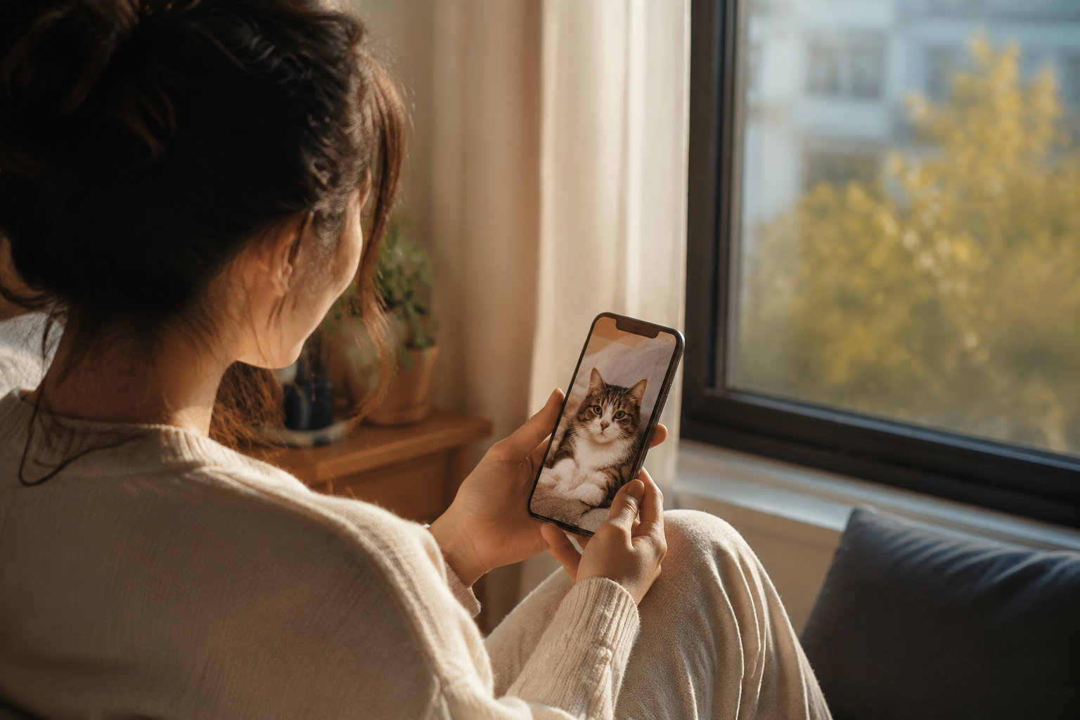 A person by a window holding a phone showing a beloved cat's photo in soft afternoon light, quiet stillness