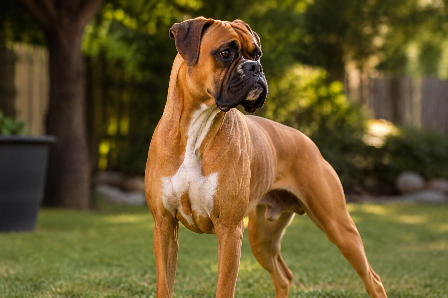 An alert short-coat Boxer dog with a sleek fawn coat standing proudly in a bright sunlit backyard