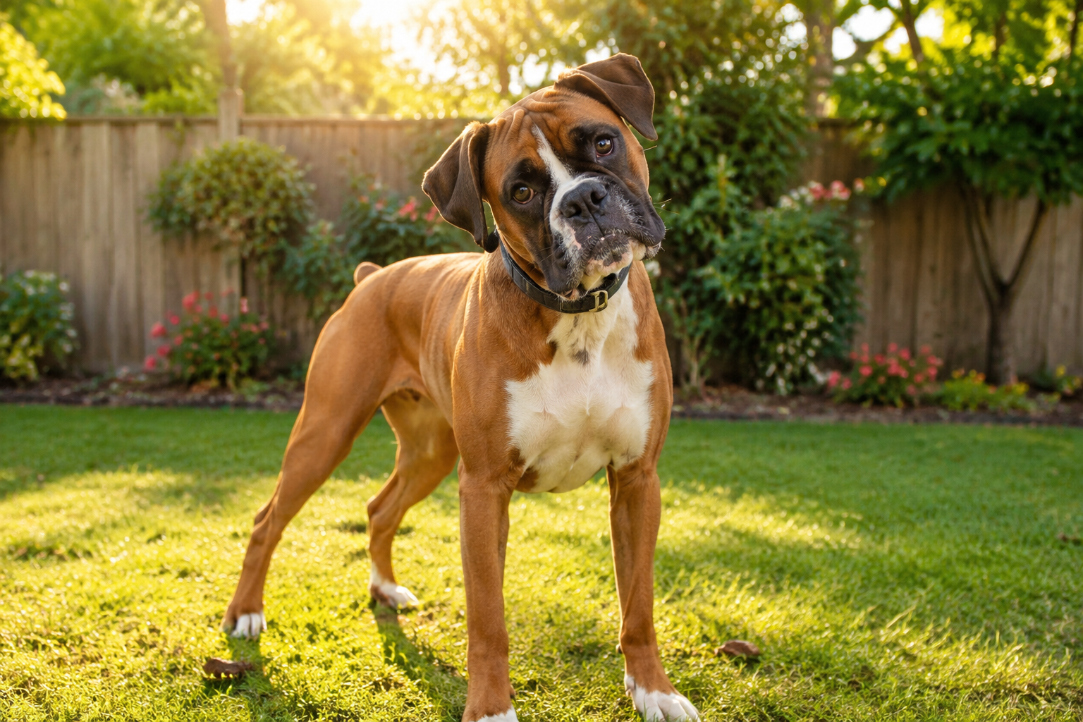 A short-coat Boxer standing alert in a sunny backyard, posed and ready for a reference photo session