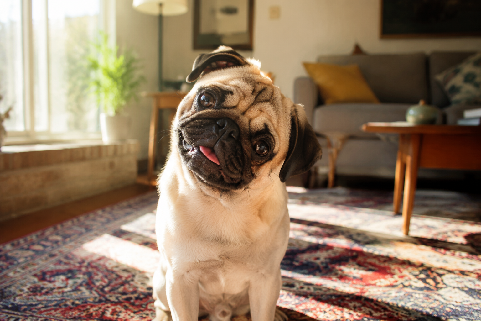 A playful Pug tilting its wrinkled head in bright window light while sitting on a soft living room rug