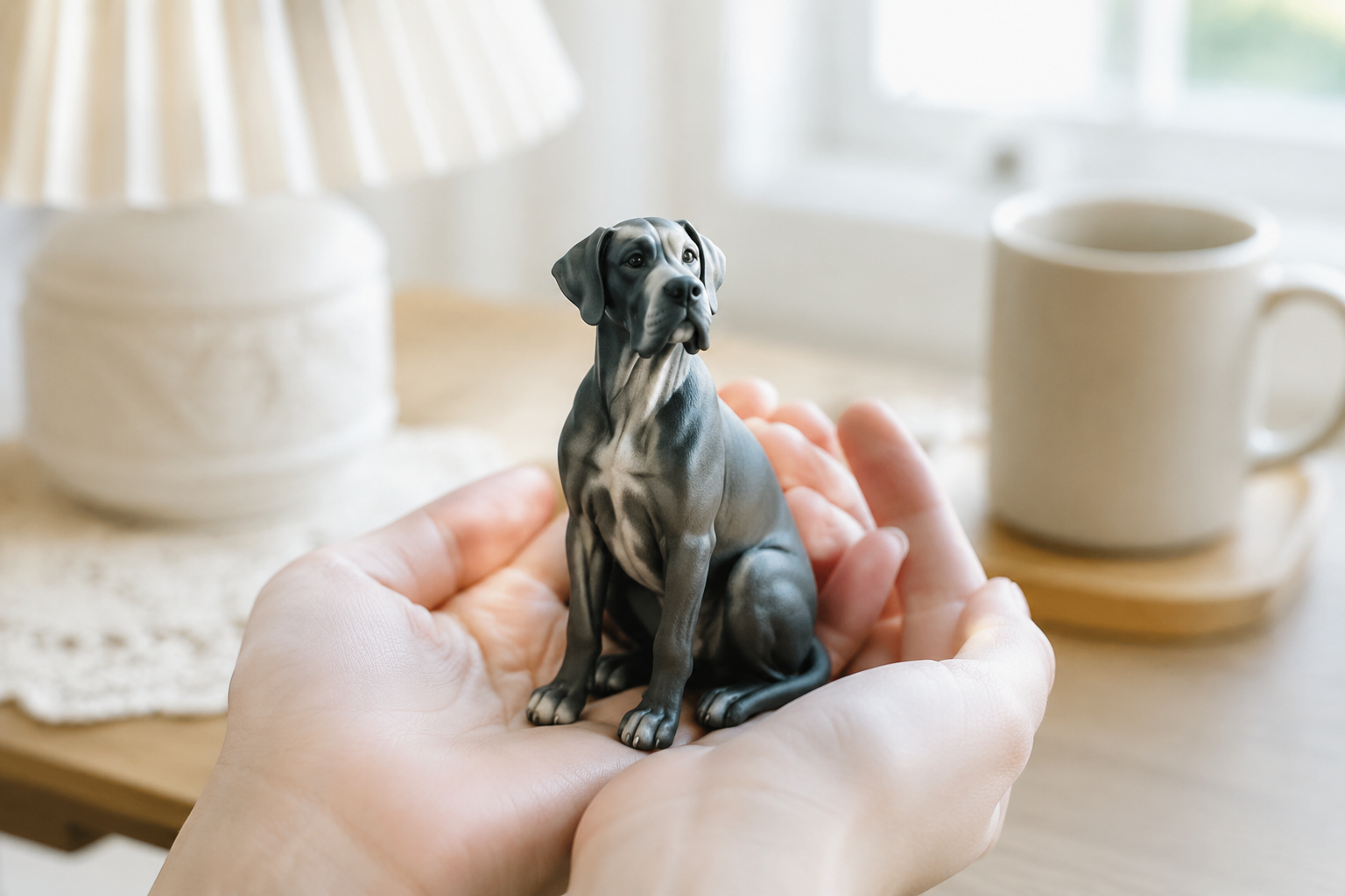 Great Dane figurine sitting upright and calm, scaled as a keepsake — in-article view