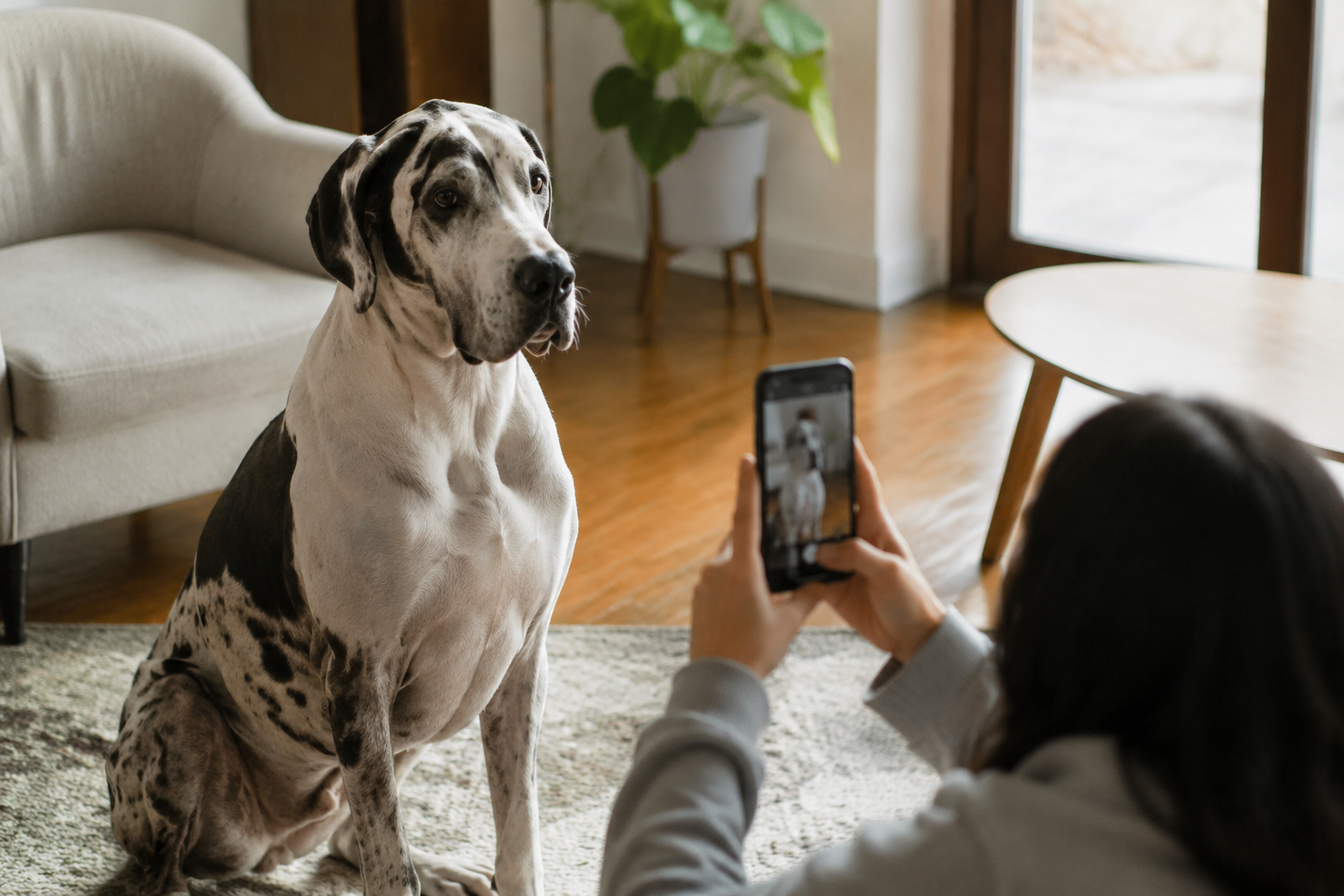 An owner photographing their patient Great Dane sitting beside them indoors